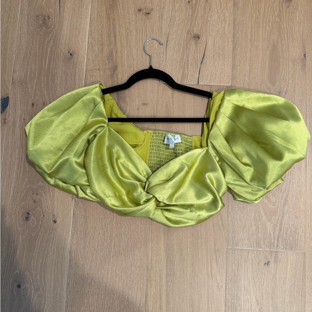 Puff-Sleeve Satin Twist Crop Top - Lime Green